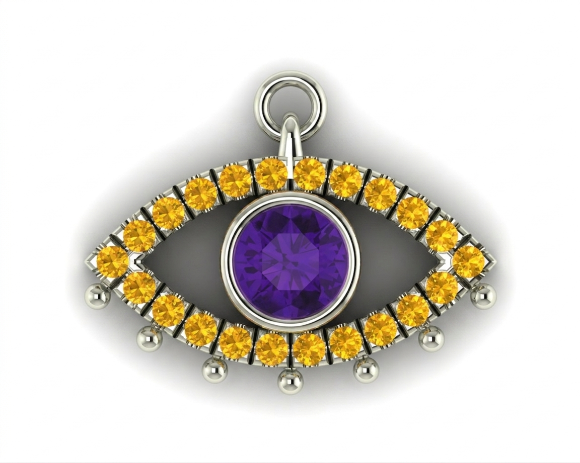 The Guardian Eye Pendant — solid 14k gold evil eye pendant with amethyst and citrine gemstones by Larisa Beaumont